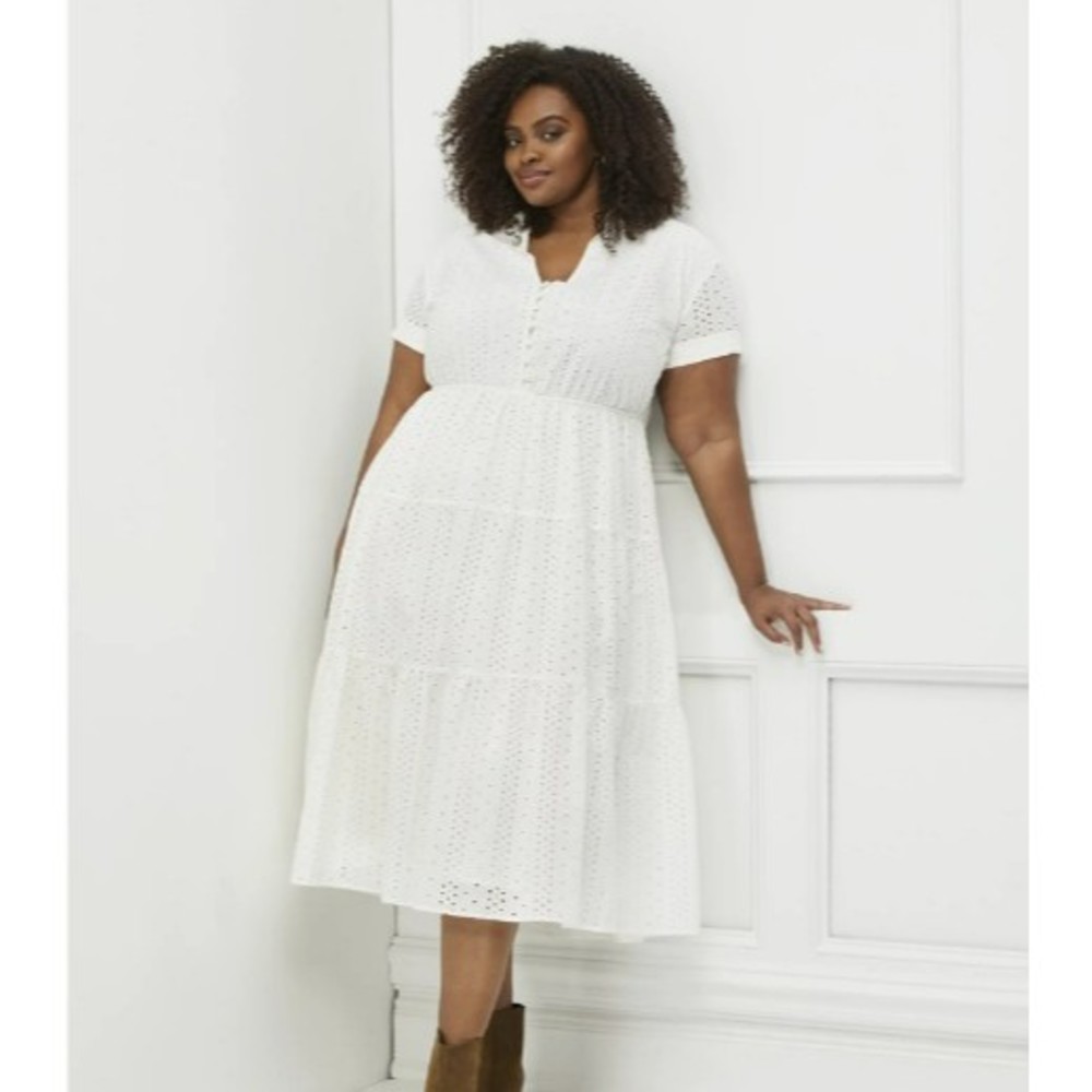 Eloquii Elements White Tiered Eyelet Lace Dress Women Plus Size 28